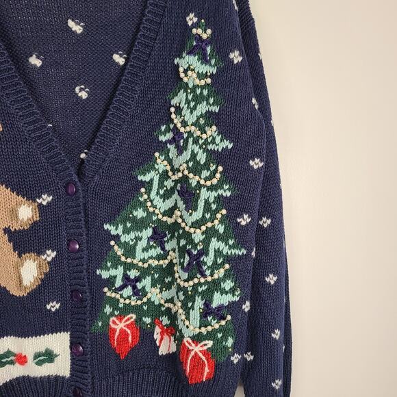 Vintage Ugly Christmas Sweater Cardigan 8 Large Teddy Bear Tree Holly Presents - Picture 4 of 12
